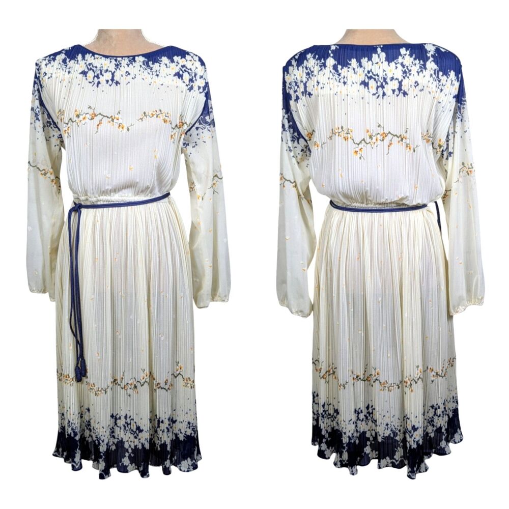 VINTAGE Hal Ferman Floral Accordion Pleated Midi Dress Grecian Belted Small 4/6